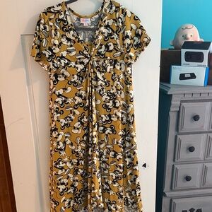 LuLaRoe Mustard Yellow Black White Mickey Mouse Print Dress